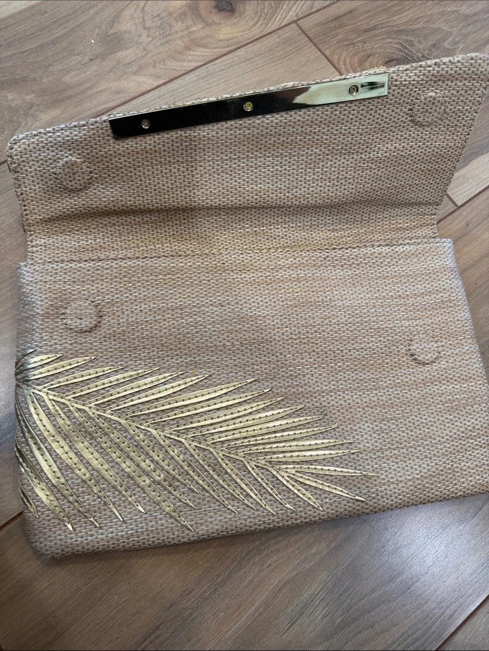 Lilly Pulitzer Beige Clutch with Gold Leaf Embroidery and Bar Accent